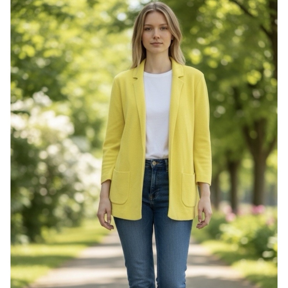 Talbots Women's Yellow Open Front Cardigan Long Knit Pockets Size MP‎ $169